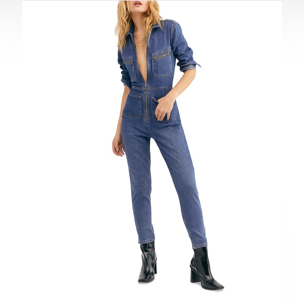 Free People Lennox Wash Denim skinny Utility Jumpsuit Small